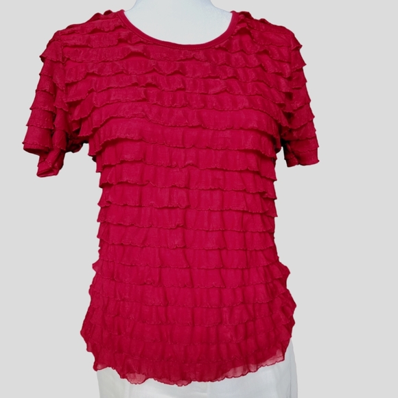 NWOT jason maxwell Stretchy Burgundy Red Ruffle Short Sleeve Blouse Size M Petit - Picture 2 of 11